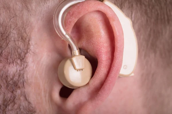 Close Man Wearing Hearing Aid — Stock Photo, Image