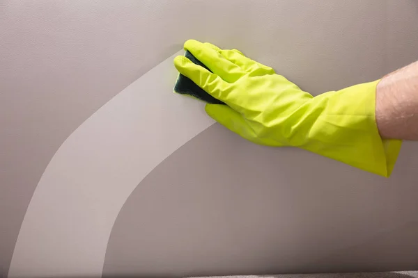 Close Person Hand Wearing Gloves Cleaning Sofa Sponge — Stock Photo, Image