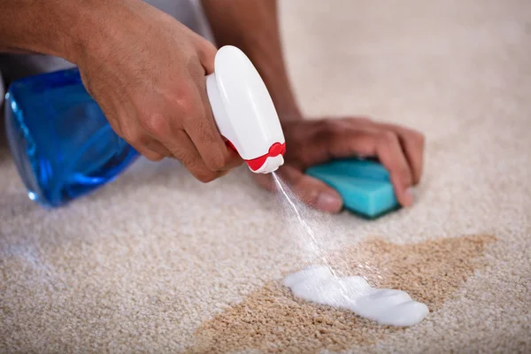 Janitor Cleaning Spilled Coffee Carpet Spray Bottle — Stock Photo, Image