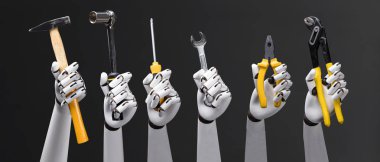 Robotun el iş araçları mavi arka plan üzerinde tutarak Close-Up