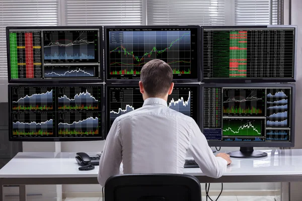 Side View Young Male Stock Market Broker Analyzing Graphs Multiple — Stock Photo, Image