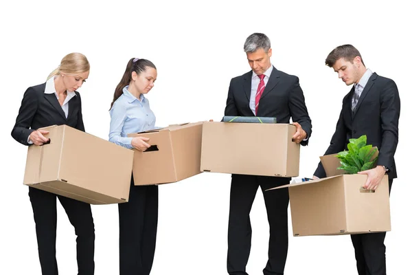 Unhappy Businesspeople Standing Belongings Cardboard Box Isolated White Background — Stock Photo, Image