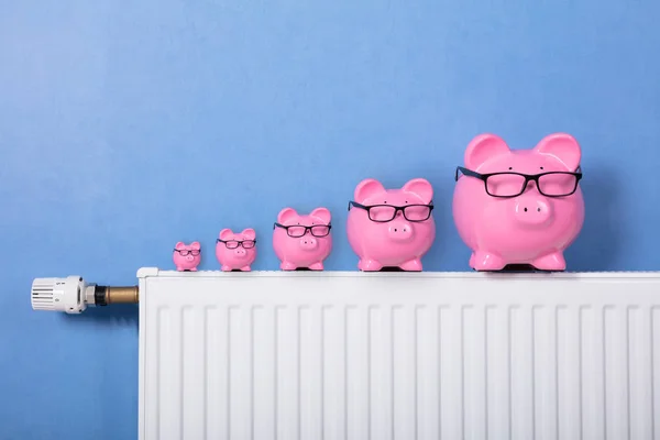 粉红色的小猪银行戴着眼镜保持在一个连续的散热器 — 图库照片