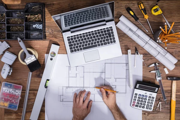 Architecture Hand Drawing Blueprint Laptop Wooden Desk — Stock Photo, Image