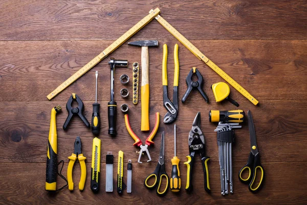 Elevated View Many Tools Roof Made Yellow Measuring Tape Wooden — Stock Photo, Image