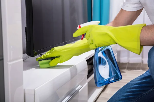 Close Person Hand Wearing Gloves Cleaning Furniture Sponge — Stock Photo, Image