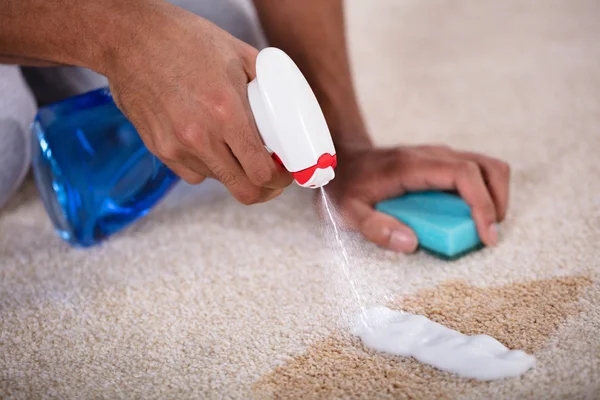 Janitor Cleaning Spilled Coffee Carpet Spray Bottle — Stock Photo, Image