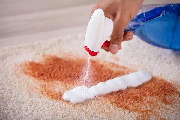 Close Janitor Hand Using Spray Bottle Cleaning Stain Carpet — Stok Foto