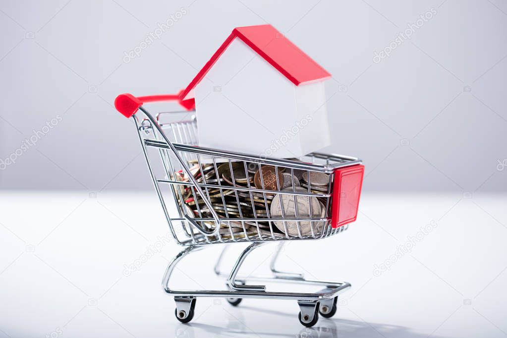 Heap Of Coins And House Model Inside The Miniature Shopping Trolley Over The White Background