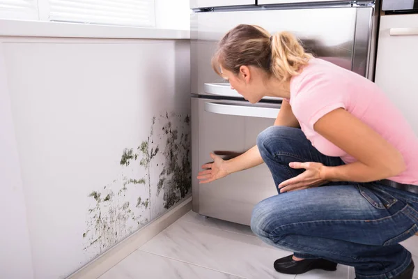 Close Van Een Geschokt Vrouw Kijken Naar Schimmel Muur — Stockfoto