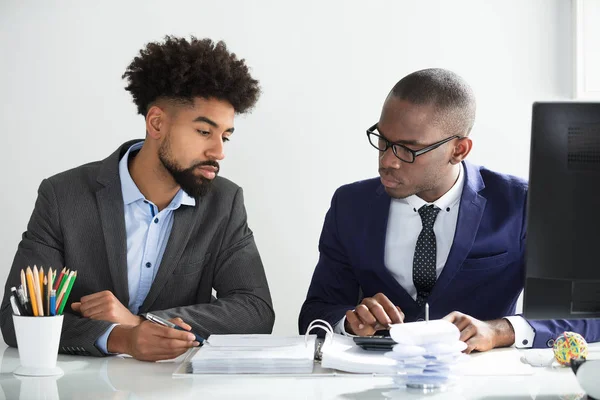 Business Colleagues Calculating Tax Together Desk Office — Stock Photo, Image