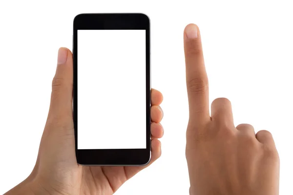 Крупный План Пальца Человека Мобильного Телефона Белом Фоне — стоковое фото