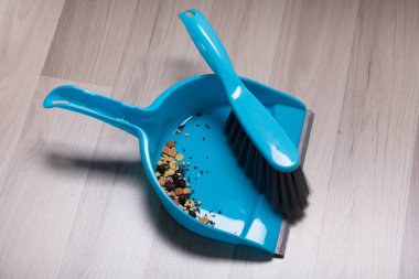 Plastik süpürme toz Pan ve fırça ahşap döşeme üzerinde toplanan kir
