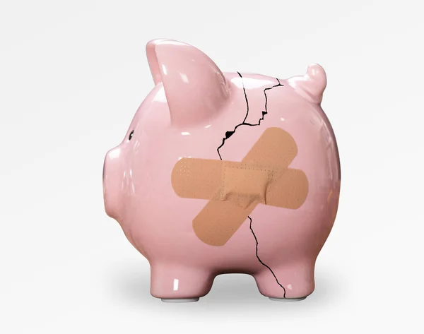 Broken Pink Piggybank Con Vendaje Sobre Fondo Blanco —  Fotos de Stock