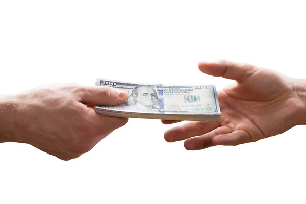 Human Hand Giving Bribe Other Person White Background — Stock Photo, Image