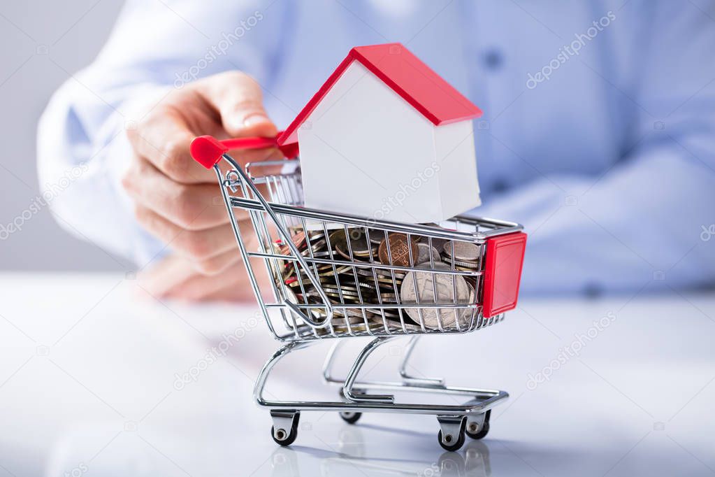 Man's Hand Holding Shopping Cart Filled With Coins And House Model On The White Desk