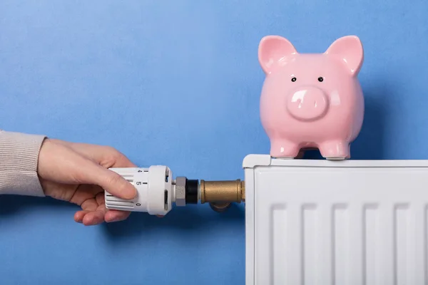 Person Hand Adjusting Thermostat Piggy Bank Radiator — Stock Photo, Image