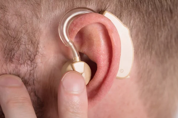 Close Man Wearing Hearing Aid — Stock Photo, Image