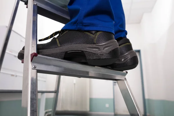 Close Man Standing Steel Ladder — Stock Photo, Image