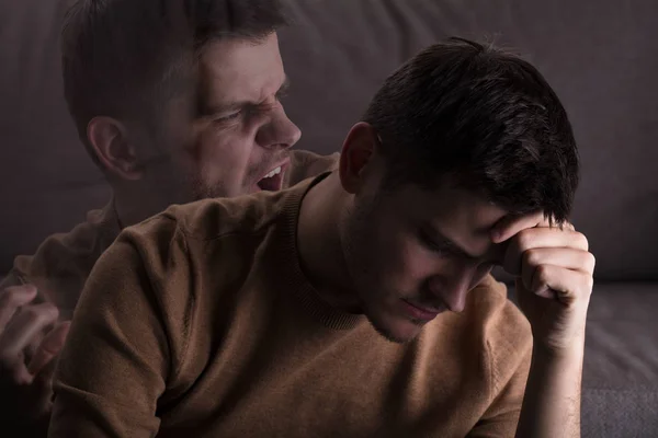 Multi Exposure Young Angry Stressed Man Home — Stock Photo, Image