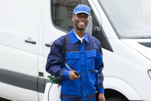 Portrait Young Smiling Worker Pesticide Sprayer While Standing Van — Stock Photo, Image