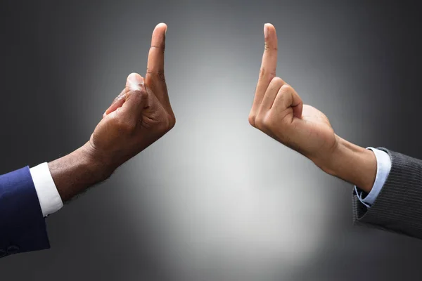 Two Businesspeople Showing Fuck Middle Finger Gray Background — стокове фото