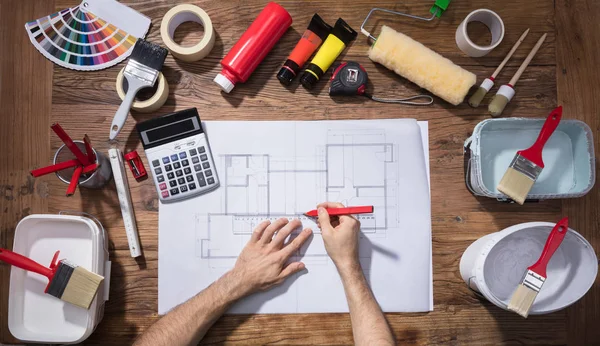 High Angle View Architect Drawing Blueprints Painting Equipments Wooden Table — Stock Photo, Image