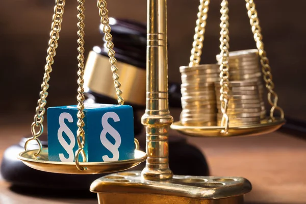 Close Blue Paragraph Block Balancing Coins Stack Golden Scale Justice — Stock Photo, Image