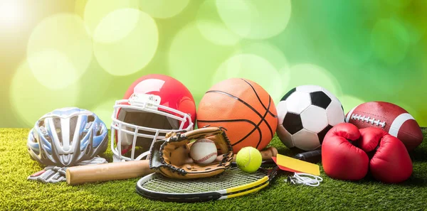 Close Various Sport Equipments Pitch Bokeh Background — Stock Photo, Image