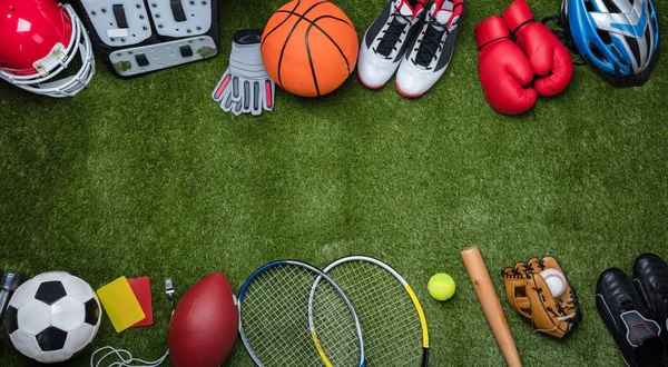 High Angle View Various Sport Equipments Green Grass — Stock Photo, Image