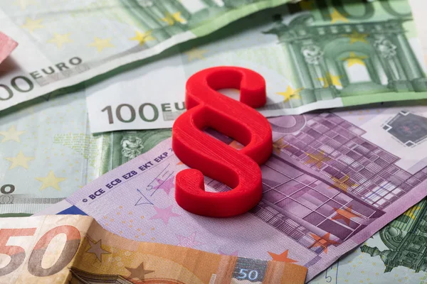 Close Red Paragraph Symbol Euro Banknotes — Stock Photo, Image