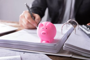 Pembe bir servet belgeler üzerinde çalışan işadamının önünde Close-Up