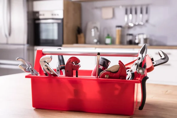 Caja Herramientas Con Diferentes Herramientas Trabajo Escritorio Madera — Foto de Stock