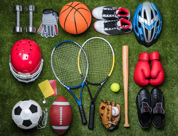 High Angle View Various Sport Equipments Green Grass — стоковое фото