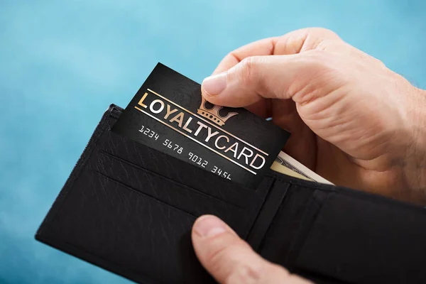 Close Person Hand Removing Black Loyalty Card Wallet — Stock Photo, Image