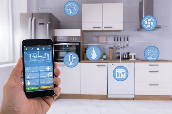 Close Person Hand Using Smart Home Application Smartphone Kitchen — Stock Photo, Image