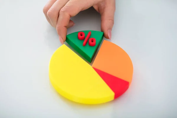 Menschliche Hand Nimmt Grünes Stück Tortendiagramm Mit Rotem Prozentsymbol — Stockfoto