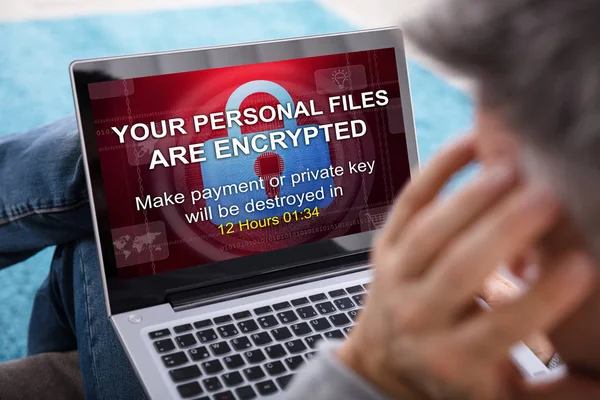 Close Person Looking Laptop Screen Showing Personal Files Encrypted Text — Stock Photo, Image