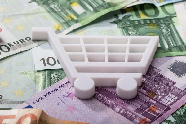 Primer Plano Cesta Blanca Compra Billetes Euros — Foto de Stock