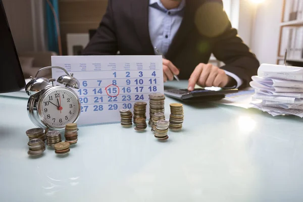 Close Stacked Coins Calendar Businessperson Hand Using Calculator — Stock Photo, Image