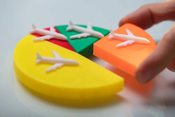 Person Arrangiert Das Letzte Orangefarbene Stück Buntem Kuchendiagramm Mit Miniaturflugzeug — Stockfoto