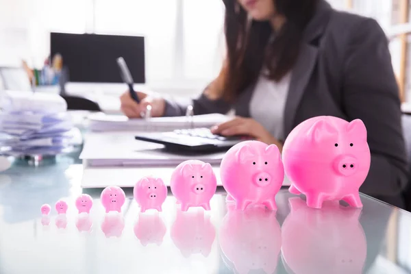 Primer Plano Del Aumento Pink Piggybank Una Fila Lugar Trabajo — Foto de Stock