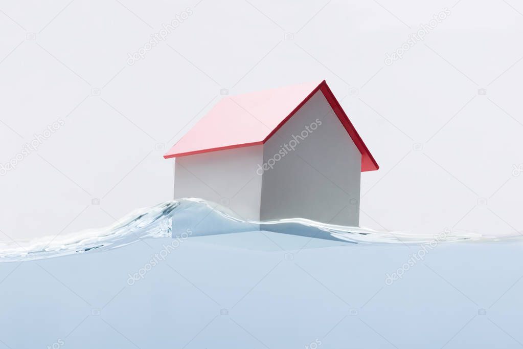 Close-up Of A House Model With Red Roof Floating On Water