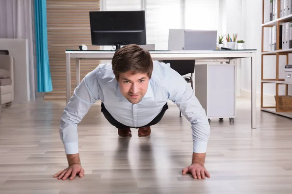 Side View Young Businessman Doing Push Office — Stock Photo, Image