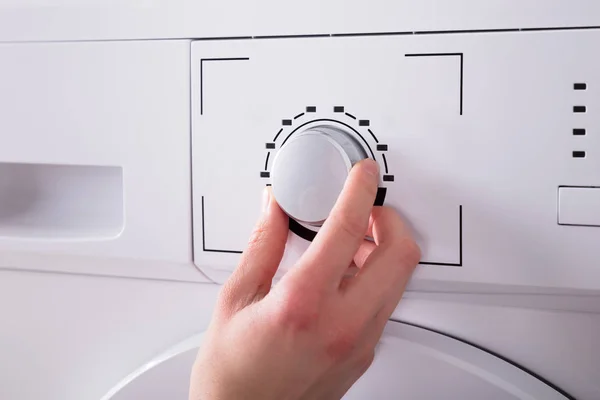 Close Person Hand Turning Button Washing Machine — Stock Photo, Image