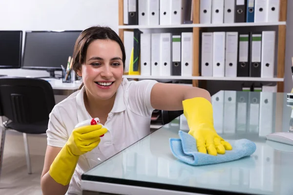 Close Smiling Young Woman Cleaning Glass Office Desk Rag Office — Stock Photo, Image