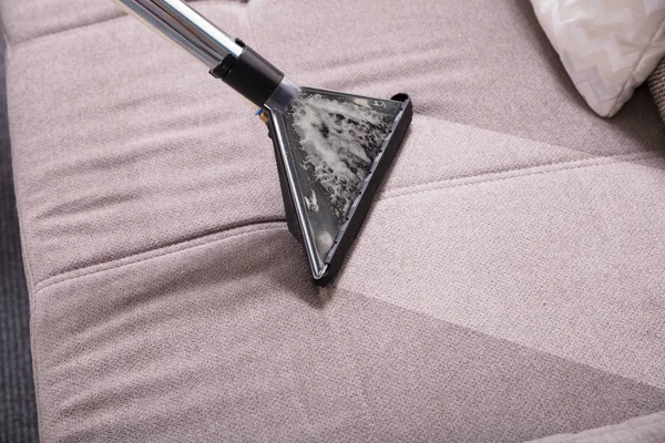 High Angle View Vacuum Cleaner Dirty Sofa Home — Stock Photo, Image