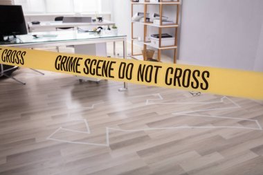 Yellow Crime Scene Tape Near Chalk Outline Of Murdered Victim clipart