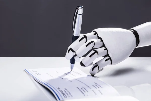 Photo Robot Hand Signing Cheque Pen — Stock Photo, Image