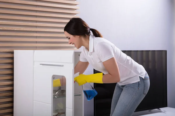 Retrato Una Joven Sonriente Limpiando Muebles Con Aerosol —  Fotos de Stock